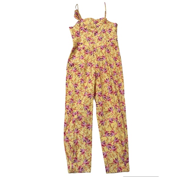 Farm Rio Banana Sunshine Bow Top Jumpsuit Strappy Yellow Boho Print Womens Large - Picture 3 of 16